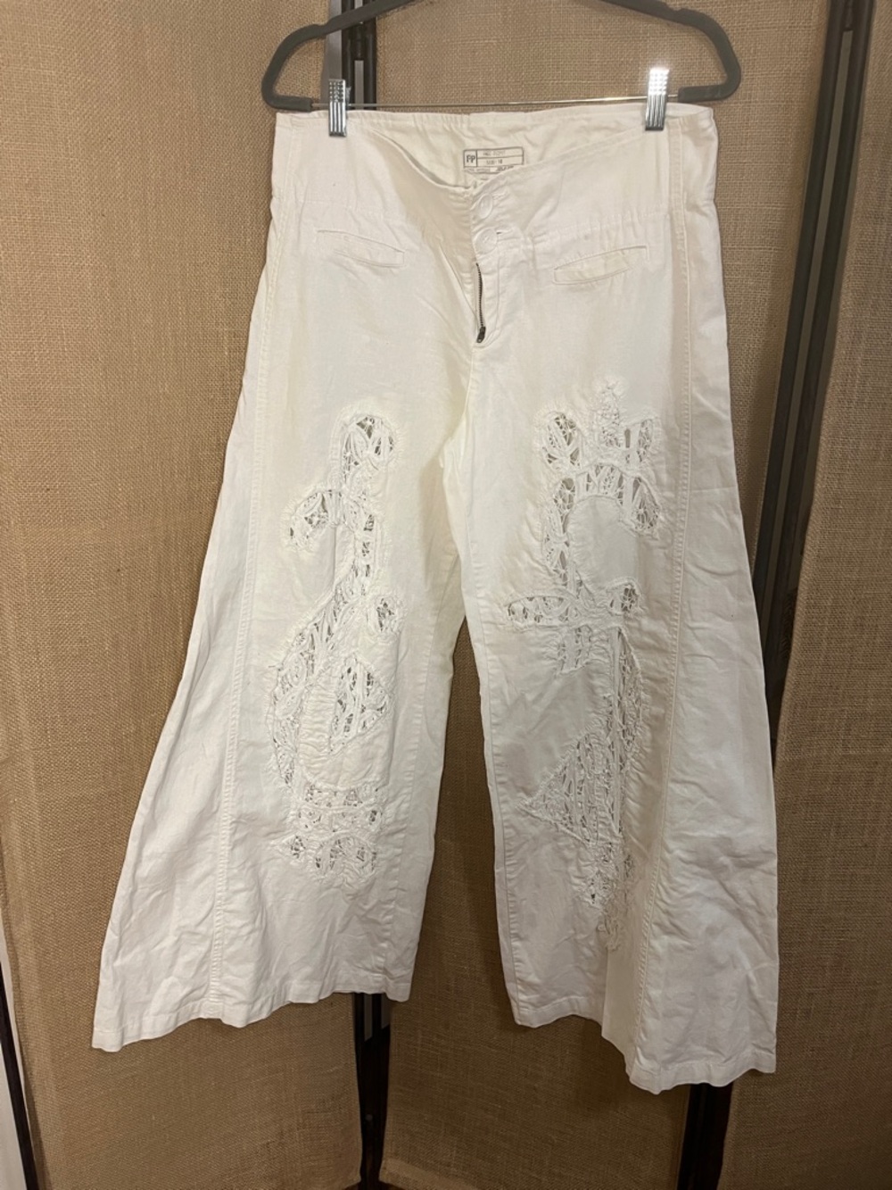 Free People Off White Wide-Leg Embroidered Pants